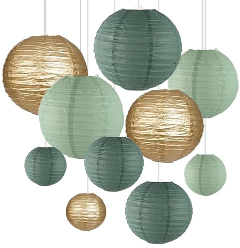 ZYOOO 10 Stück Grün Gold Papierlaterne Lampion rund Lampenschirm(Set 3 Farben à 25cm, 20cm,15cm) Salbeigrün Lampions Hochzeit,Rustikale Party,Brautparty,Geburtstagsparty,Gartenparty Deko