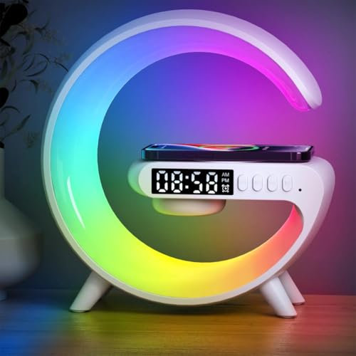 DOMIRA 6 Inch 1 Smart G-shape Wireless Speeker Alarm Clock Fast Wireless Charging Lamp – Rgb Light, Phone Control, Sound Machine – Smart Clock For Bedroom Accessories & Gifts – (White)