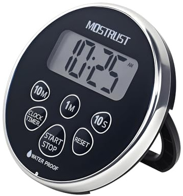 MOSTRUST Digitaler wasserdichter Dusch-Timer, Badezimmer-Countdown-Küchen-Timer mit Alarm, magnetische Rückseite, Ständer, silber-schwarz