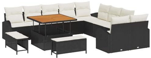 vidaXL 13-teiliges Garten-Sofa-Set in Schwarz und Creme mit Kissen aus Poly-Rattan und Akazie – Modulare Outdoor-Sitzmöbel für Terrasse oder Garten im Frühling und Sommer
