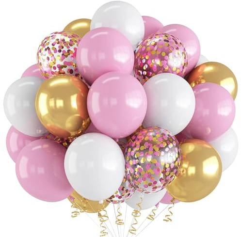60 Stück Luftballons Rosa Gold, 12 zoll Rosa Weiß Latex luftballons Metallic luftballons Konfetti luftballons für Geburtstag, Hochzeit, Babyparty Dekoration(PK+GD)