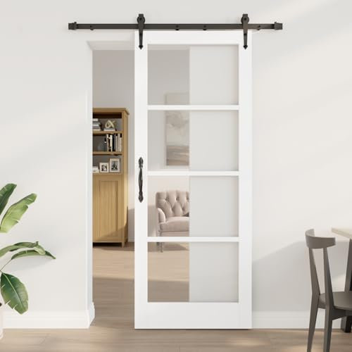 Homgoday Puerta Corredera con Juego de Herrajes ORKDAL Blanca 83x211 cm, Puerta Interior con Cristal ORKDAL Blanca 83x211x4 cm