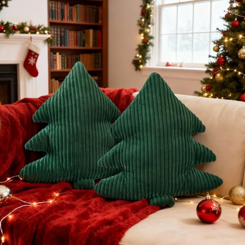 Lanpn 2 Stück Weihnachtsbaum Kissen Weihnachtskissen, Schmale Streifen Weihnachts Kissen Dekokissen Flauschiges Zierkissen für Party Bett Sofa Couch Innenbereich Weihnachtsdeko (Grün, 45,5x41cm)