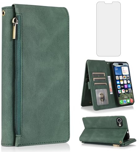 Compatible with iPhone 16e/SE 2025/SE 4 Wallet Case Tempered Glass Screen Protector and Zipper Retro Leather Flip Cover Card Holder Stand for i Phone16e i16e 16 e SE4 4th Generation 16eCase Green