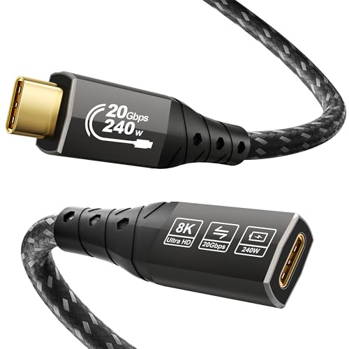 ZIKNYDO Rallonge USB C 2m (Câble USBC femelle USB 3.2 20Gbps, PD3.1 240W 5A) vidéo 8K@30Hz, 4K@144Hz/ 60Hz Câble USB C Extension pour Thunderbolt 4, PSVR2, iPhone 16, iPad, MacBook, Dell XPS, Switch