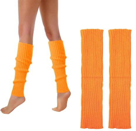 OIXYEY 1 Paar Neon Stulpen, Damen Beinstulpen, Orange, Strick-Stulpen, Mädchen Beinwärmer, 80er Jahre 80S Motto Partys Fasching Karneval, Aerobic Kostüm, A, M, Mehrfarbig, Metall, Solid, 2 Stück
