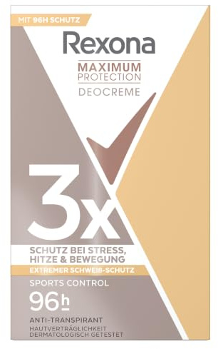 Rexona Women Maximum Protection Anti Transpirant Deo Creme Sports Control Deodorant mit 96 Stunden Schutz gegen starkes Schwitzen und Geruch mit 3x Schutz bei Stress, Hitze & Bewegung 45 ml