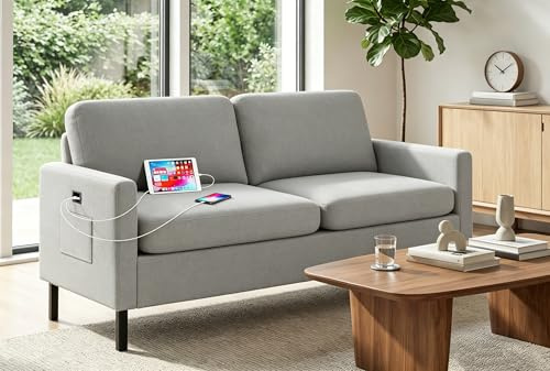 GRAVFORCE Sofa 2 Sitzer mit 2 Ladeports 143 x 63 x 86 cm Klein Sofa | kleines Couch mit Armlehne und Seitentasche Modernes Stoffsofa für Wohnung Wohnzimmer Büro Einfache Montage Hellgrau