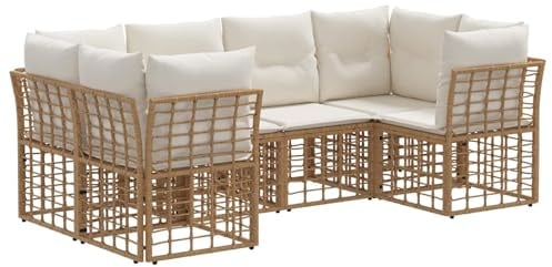 vidaXL Outdoor-Sofagarnitur mit Kissen 6 pcs Natur Polyester, Alfresco Lounge, Outdoor-Sofa, modulares Set, Rattan Möbel, Gartensitzgruppe, Patio Anordnung