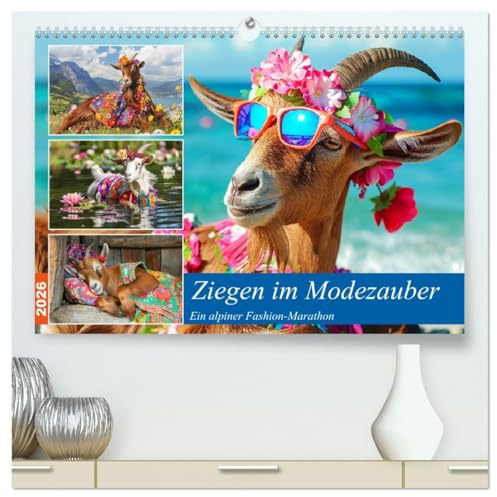 Ziegen im Modezauber. Ein alpiner Fashion-Marathon (hochwertiger Premium Wandkalender 2026 DIN A2 quer), Kunstdruck in Hochglanz: Lassen Sie sich von ... Ziegen inspirieren! (CALVENDO Tiere)
