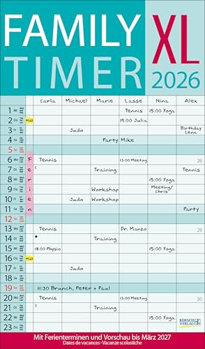 XL Family Timer 2026: Familienplaner mit 6 breiten Spalten. Hochwertiger Familienkalender mit Ferienterminen, extra Spalte, Vorschau bis März 2027 und nützlichen Zusatzinformationen.