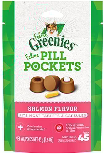 FELINE GREENIES PILL POCKETS for Cats Natural Soft Cat Treats, Salmon Flavor, 1.6 oz. Pack (45 Treats)