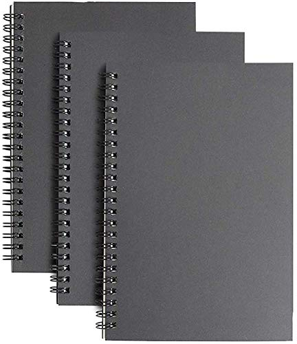 A5 Skizzenbuch mit Spiralbindung, 3er Packung Kraft Cover Blanko Skizzenblock,100 Blatt / 50 Weiße Säurefreies Zeichenpapie Perfekt für Reisen(Shwarz)