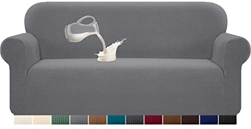 Granbest Stretch Wasserdicht Sofabezug 1 Stück Sofahusse Spandex Jacquard Elastische Couchbezug mit Anti-Rutsch-Schaumstoffe(3 Sitzer, Hellgrau)