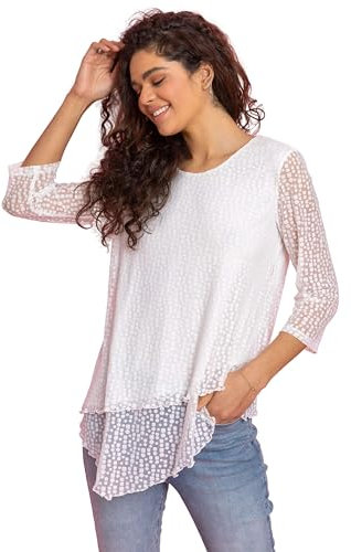 Roman Originals Women Burnout Spot Print Asymmetric Top - Ladies Stretch Jersey Round Neck 3/4 Length Sleeves Lettuce Hem Daywear Tops - Ivory - Size 16