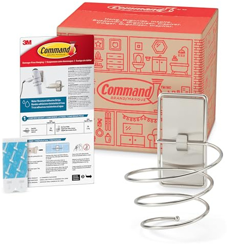 Command Hair Dryer Holder, Satin Nickel, 1 Dryer Holder, 2 Water Resistant Strips, Damage-Free Bathroom Organization and Decor