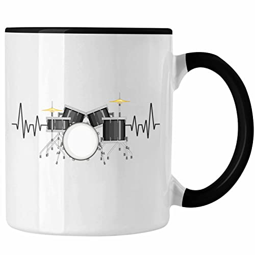 Trendation - Schlagzeug Herzschlag Tasse Geschenk für Schlagzeug-Spieler Hobby Geschenkidee (Schwarz)