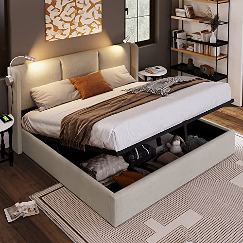 ZYLOYAL10 Polsterbett Doppelbett Stauraum Bettkasten Leselicht mit USB Ladefunktion Kopfteil,Stauraumbetten Bettgestell Jugendbett mit lattenrost(Ohne Matratze) (160x200cm, Beige + Linen)