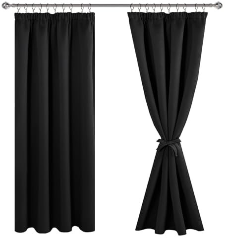 JIUZHEN Gardinen mit kräuselband Verdunklungsvorhänge Vorhang Blickdicht Gardinen Wohnzimmer Vorhänge Schlafzimmer Thermovorhang Schwarz,H175 x B140 cm,2er Set