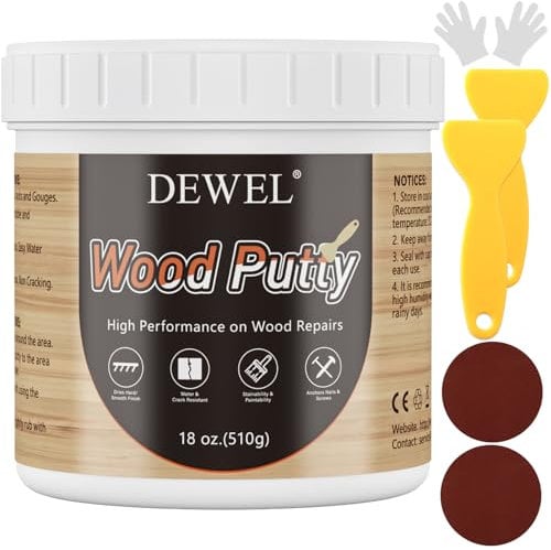 DEWEL Stucco per Legno Bianco all'Acqua 500g-Kit Riparazione Mobili-Riempire Buchi e Crepe