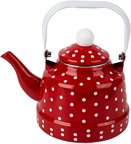 Enamel Teapot Chinese Tea Pot, Handmade Ceramic Blue and White Polka Dot Teapot, Vintage Tea Kettle Party Housewarming Small Camping Stove (Red)
