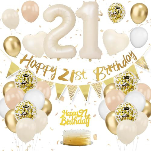 21. Geburtstag Deko Beige, Luftballon Deko 21. Geburtstag Damen Frauen, Geburtstagsdeko 21 Jahr, Beige Weiß Gold Luftballons 21 Geburtstag mit Banner Geburtstag Tortendeko für Geburtstag Dekoration