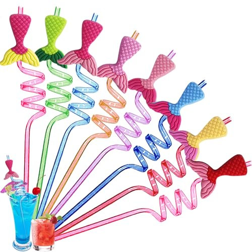 LUKIUP 8 Pièces Sirène Paille Plastique, Reutilisable Bouclés Pailles Pour Les, Cadeau d'anniversaire d'enfant Colorée Pailles, Pour Les Fêtes D'anniversaire des Enfants Décorations, Fête Accessoires