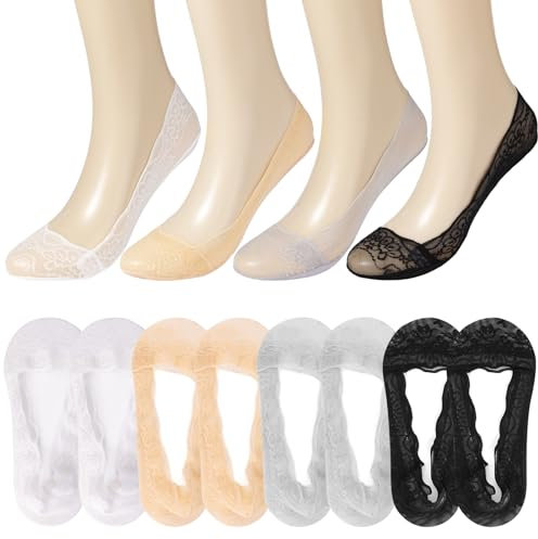 8 Paar Damen Füßlinge Unsichtbare - Ballerina Socken mit Rutschfestem Silikon, Spitzen Füßlinge für High Heels & Sneakers (Schwarz/Weiß/Grau/Hautfarbe) - Atmungsaktive Baumwolle Spitze Gr. 34-38