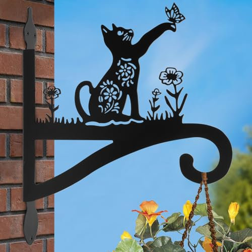 Cat Design Metal Wall Mount Plant Hanger - Heavy Duty Bracket for Indoor Outdoor Flower Pots Bird Feeders Wind Chimes Lanterns & Baskets Screws