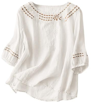 T Shirt Uomo Maglietta da Donna alla, in Cotone E Lino, con Bottoni Ricamati T Shirt Tessuto Stropicciato A Doppio Camicie Blusa Elegante Traspirante Tinta Unita Tunic Tops Bianco 3XL