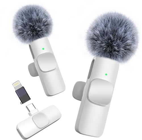 Wireless Lavalier Microphone for iPhone Android，2 Mini Lapel Microphones for Video Recording/LiveStream/YouTube/Online Meeting/TikTok (White)