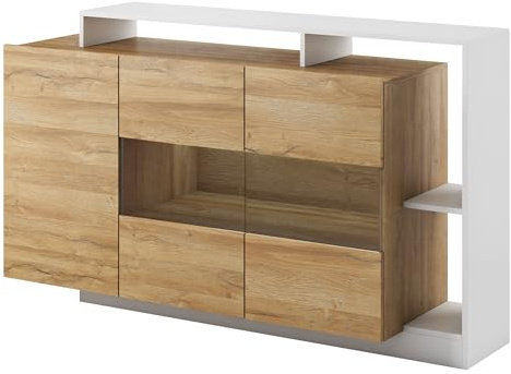 Mirjan24 Kommode Alva, Sideboard, Highboard, Mehrzweckschrank, Wohnzimmerschrank, Schrank, Anrichte (Weiß/Grande Oak, ohne Beleuchtung)