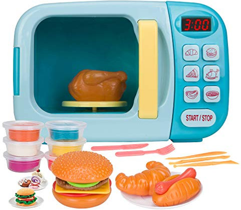 Koolbitz Interactive Microwave, Fast Food, 6 Dough Toy Play Set Pretend Kitchen Toy Realistic Light & Sound Playset Pretend Fake Food Burger Fries Microwave Over Kitchen Device for Children