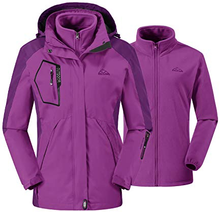 donhobo Damen 3-in-1 Jacke Fleecejacke wasserdichte Winddichte Skijacke Winterjacke Wanderjacke Softshelljacke Regenjacke mit Kapuze Lila L
