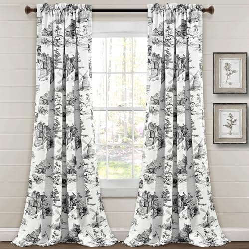Lush Decor French Country Toile Room Verdunkelungsvorhang, 132,1 x 213,4 cm, Weiß und Anthrazit, 1 Paar