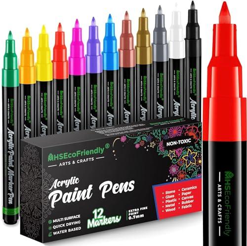 MHSEcoFriendly Fine Acrylic Paint Pens - 12 Pack, 0.7mm Fine Tip | Non Toxic & Waterproof | Pens for Rock Painting, Stone, Pebbles, Glass, Ceramic, Wood & Fabric | Art Supplies for Kids & Adults