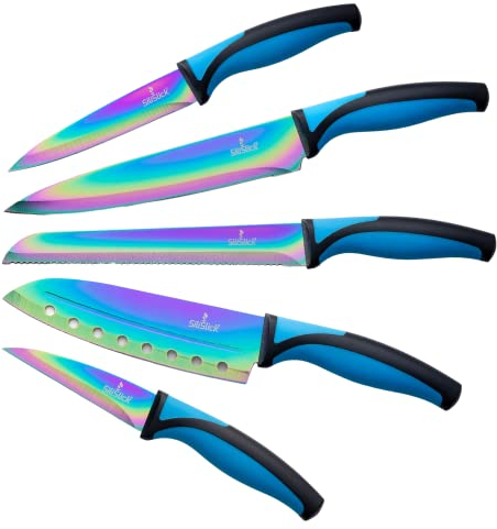 SiliSlick Messerset, 5 Scharfe Küchenmesser als Set zum Kochen, Hochwertige Klingen aus Edelstahl, Titanbeschichtung mit Regenbogeneffekt, Ergonomische Griffe, Blau Griff