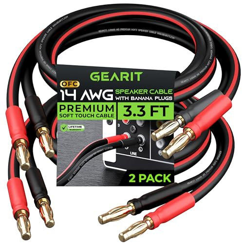 GearIT 14 AWG Speaker Cable with Banana Plugs (2 Pack, 3.3 Feet - 1 Meter) - 14Ga Gauge Banana Wire for Bi-Wire Bi-Amp HiFi Surround Sound - 99.9% OFC Copper, Gold Plated Tips - Black, 3 Ft