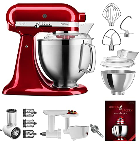itchenAid Küchenmaschine Artisan - P22 Multi Set Deluxe 185er (NK) - 5KSM185PSECA inkl. Gemüseschneider (5KSMVSA), Fleischwolf (5KSMFGA), Pürieraufsatz (5KSMFVSP) und Kochbuch (Kochen & Backen)