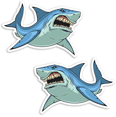 2 x 10 cm Angry Great White Shark Vinyl-Aufkleber – Haie Cartoon-Aufkleber #70585
