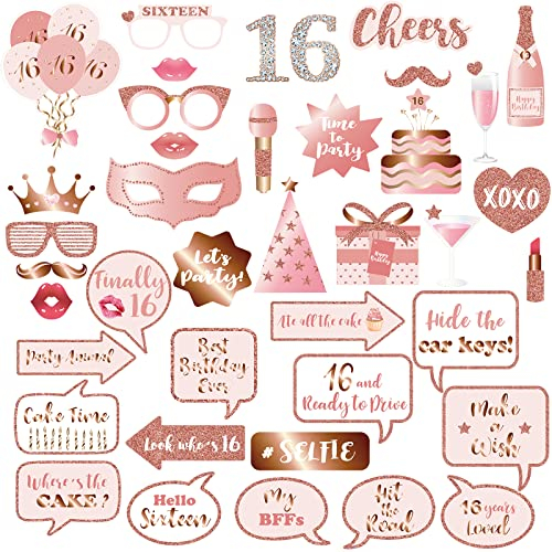 16th Birthday Party Photo Booth Props and Signs, Rose Gold 16 Birthday Party Selfie Props Kit with Sticks for Girls Women, Sweet Sixteen 16th Happy Birthday Party Decorations Supplies Favors
