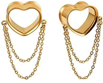 Vankula Ohr Tunnel mit anhänger Double Flared Flesh Plug Herz mit Kette Edelstahl für männer damen Ohrpiercing Gestreckte Schmuck 10mm(00G) Gold