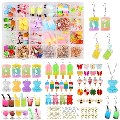 Jodimitty 245 Stück Ohrringe Selber Machen Set Bubble Tea Anhänger Candy Bär Schmetterling Kleeblatt Charms für Armband Halsketten Ohrringe Schmuck DIY Schlüsselanhänger (16 Farben), J7NI54QT2I0M