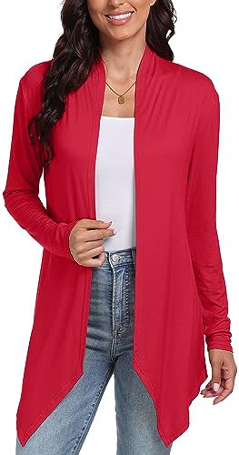 DEARCASE Cardigan Avvolgente Aperto sul Davanti Casual Manica Lunga Colore Solido Maglia Leggera Cardigan Maglioni Spolverino Copricostume da Spiaggia, Large Red