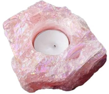 Soulnioi Natural Crystal Candle Holder Ornament Rough Stone Candle Tealight Candle Holder for Home Garden Decoration-Electroplated Rose Quartz