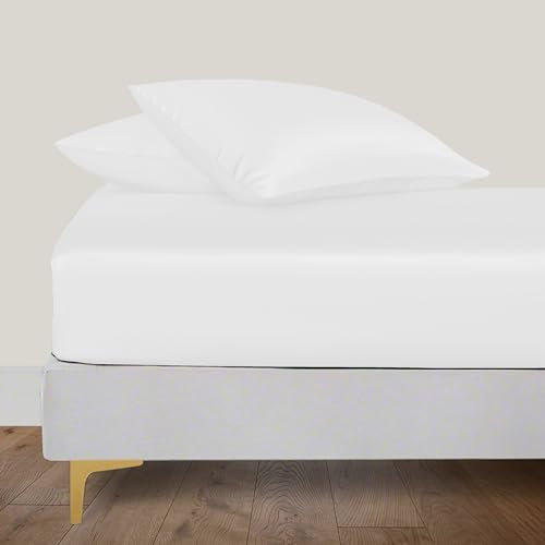 LINENWALAS Spannbetttuch aus 100% Bio-Bambus Seide 200x200 cm, Tiefe Tasche bis 40 cm weich, Öko-Tex-zertifiziertes kühlendes Bambus-Bettwäsche-Set Spannbetttuch mit Kissenbezug (Weiß)