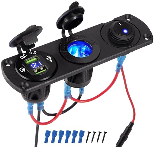 Cargador USB de Coche Panel 12V QC 3.0 Enchufes de Encendedor con Voltímetro y Encendedor de Cigarrillos y Interruptor para Coche Barco Camión
