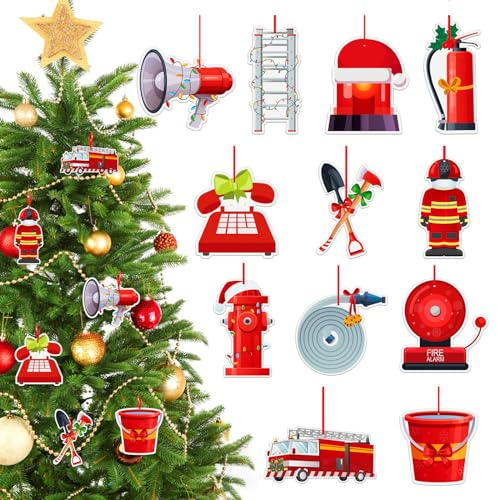 D24TIME Weihnachts-Feuerwehrmann-Hängeornamente für Weihnachtsbaumschmuck, Holz, Vintage-Feuerwehrauto, Dekoration, Feuerwehrmann, dekorative hängende Ornamente, Feuerwehrmann, Geschenke für Männer
