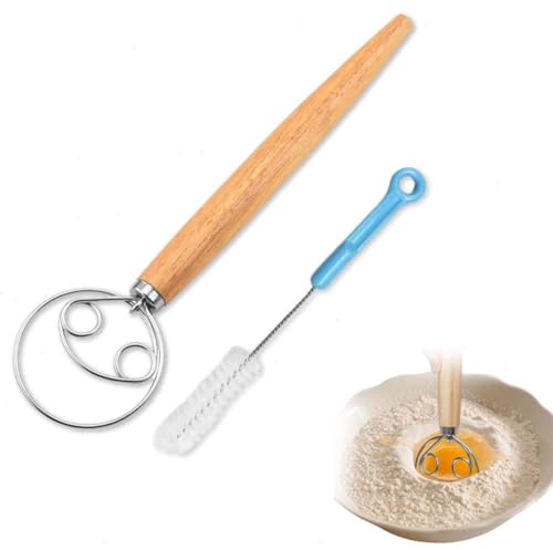 Fouet à pâte danois de 13 pouces, grand fouet à pâte à pain avec manche en bois, fouet à pain en acier inoxydable, fouet hollandais avec brosse de nettoyage pour gâteaux, pizzas et pains