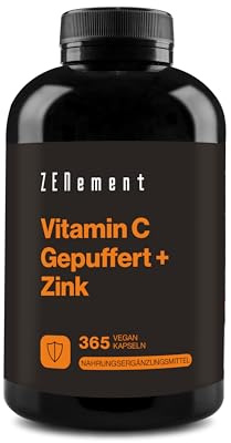 Buffered Vitamin C 1000mg + Zinc - Calcium Ascorbate - 365 Capsules | Zinc (Bisglycinate) & Vitamin C contribute to normal immune system - Non-Acidic Form - 2 Daily, 6 Months - Zenement